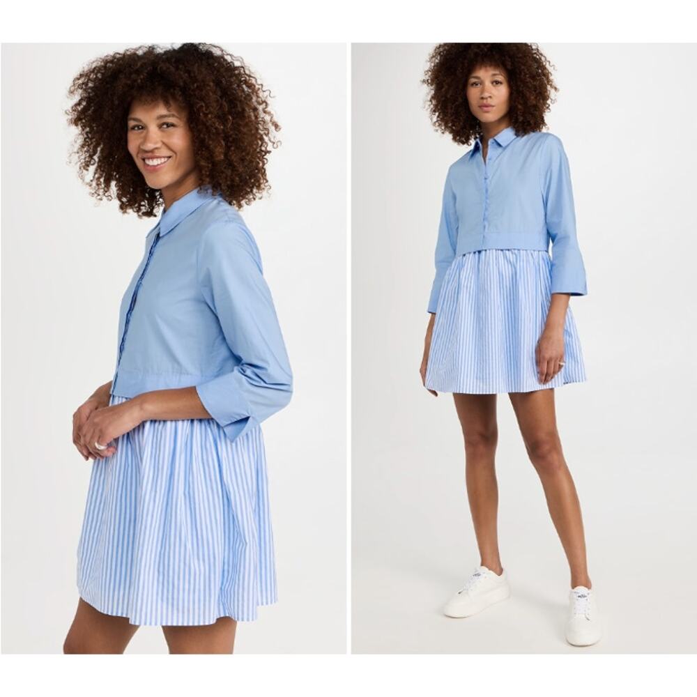 English Factory Stripe Contrast Shirt Mini Dress in Blue Size S - Picture 2 of 8